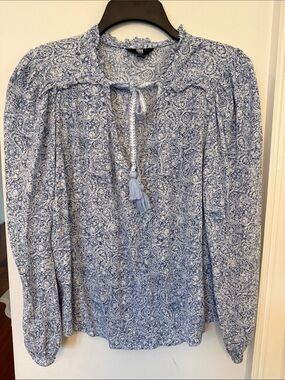 Women’s FRYE Light Blue Paisley Tassel Tie-Neck Long Sleeve Blouse- Size L